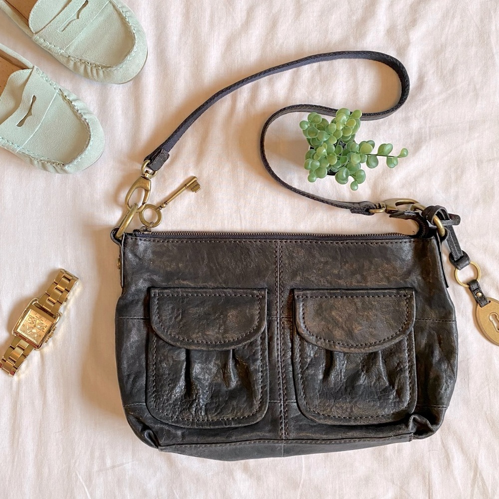 Fossil Navy Leather Crossbody Bag with Front Flap Pockets